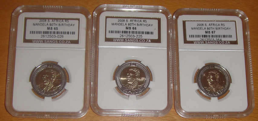 Collection of Mandela 90 th Birthday R5 coins: MS65, MS66 and MS67.  Bid on whole collection!