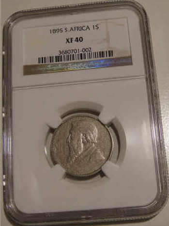 NGC Graded: Paul Kruger Z.A.R. Shilling (1/-) : 1895 :  Extremely Fine (XF40)