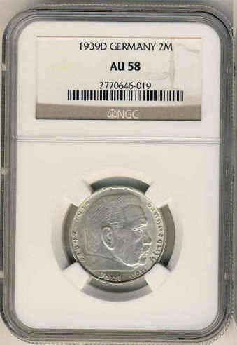 NGC Graded : World War Two (WW2) : German Silver Two-Mark of 1939 : AU58
