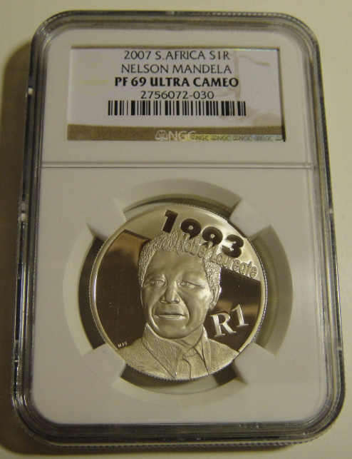 NGC Graded : PF69 Ultra Cameo : 2007 Mandela Silver Protea R1