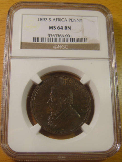 Z.A.R. Paul Kruger Penny (1d) 1892 : NGC Graded MINT STATE (MS64 BN) SUPER GRADE