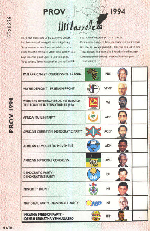 1994 General Election : Ballot Paper signed by Nelson Mandela (ORIGINAL autograph)