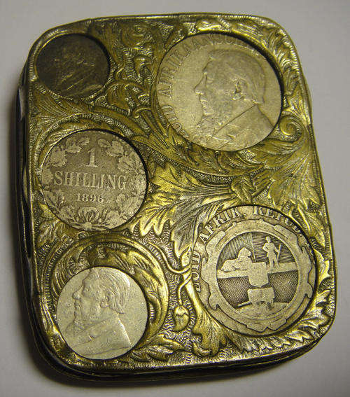 Ornate Metal Money / Coin Box / Holder set with Paul Kruger Z.A.R. SILVER coins.