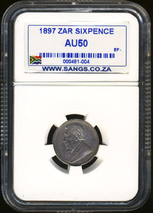 SANGS GRADED and AUTHENTICATED: Paul Kruger Z.A.R. Sixpence (6d) : 1897 :  Almost Uncirculated (AU50