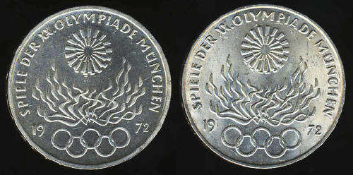 Germany : Munich OLYMPICS of 1972 : Two (2) SILVER 10-Mark coins