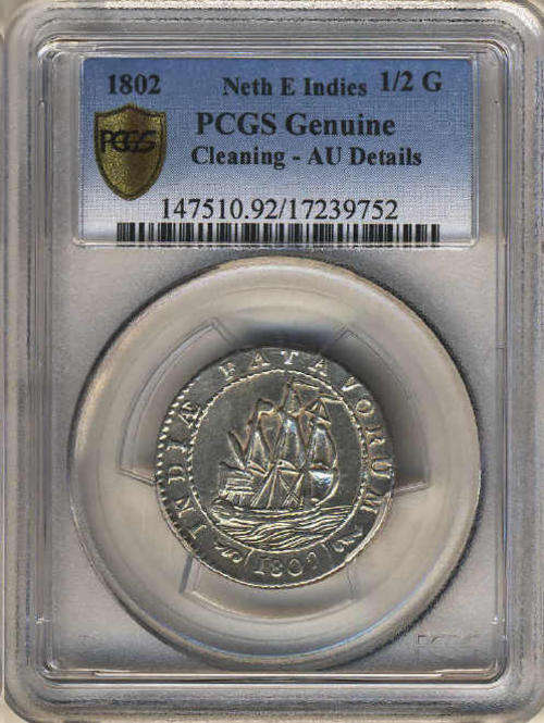South Africas FIRST Coin: PCGS Graded AU Details : Netherlands : Batavia : 1/2 Ship Guilder of 1802