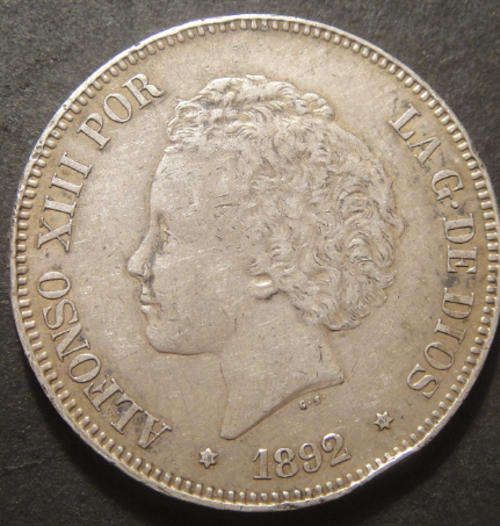 Spain : CROWN-size Silver 5-Pesetas (Alfonso XIII) 1892
