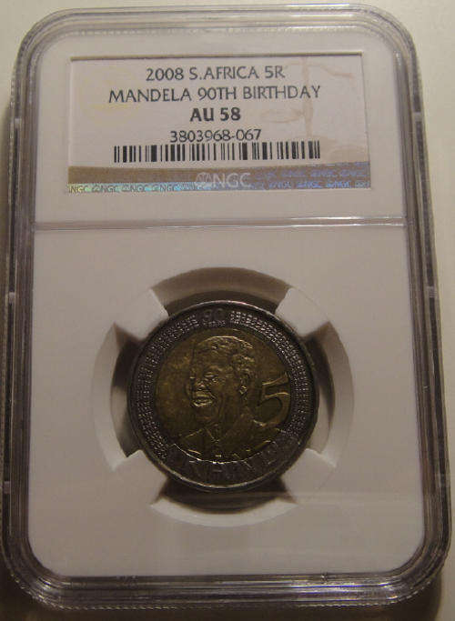 Nelson Mandela 90th Birthday (2008) R5 : NGC graded AU58 (19 available)