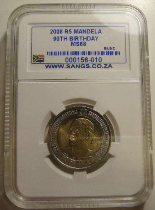 2008 Nelson Mandela 90th Birthday R5 : Sangs graded MS68