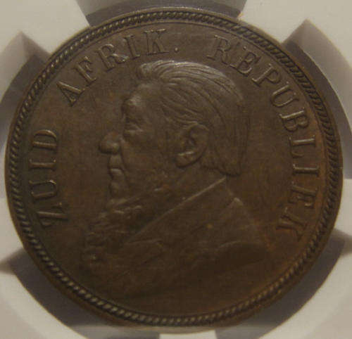 1894 Paul Kruger Z.A.R. Penny : Graded almost uncirculated (AU50 BN)