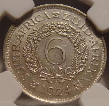 1924 SA Union Sixpence (6d) : NGC Graded AU 55