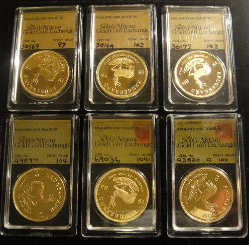 Collection of Six (6) PROOF 1 OZ GOLD KRUGERRANDS : Graded & Certified by the SAGCE.