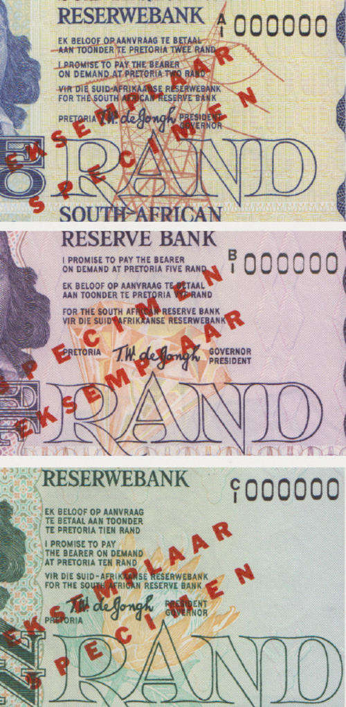 VERY RARE : TW de Jongh : Fourth Issue : 1978 SPECIMEN SET of 3 notes