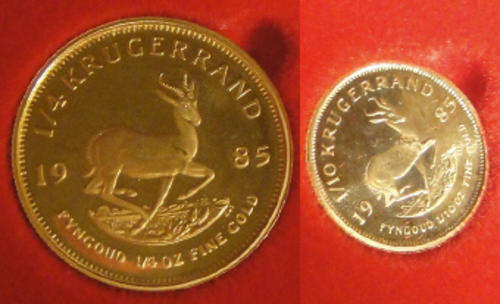 The 1985 22ct GOLD Krugerrand Proof Set : Quarter & 10 th Ounce