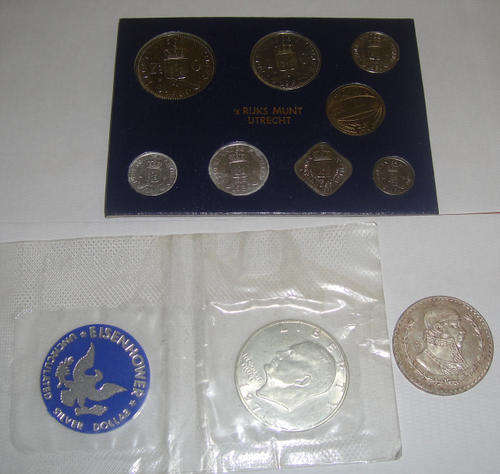 Eisenhower Silver Dollar, Mexico Silver Peso and Netherlands Antillean UNC set