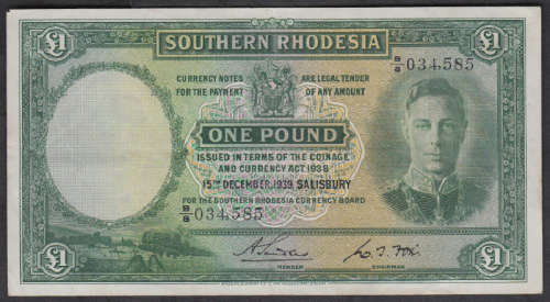 Southern Rhodesia ONE POUND banknote dated 15 December 1939 (VERY RARE in top condition)