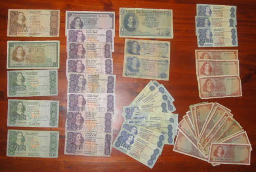 Collection of 56 old South African Jan van Riebeeck Banknotes