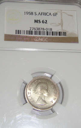 1958 Sixpence (6d) Union of South Africa : NGC graded MS62