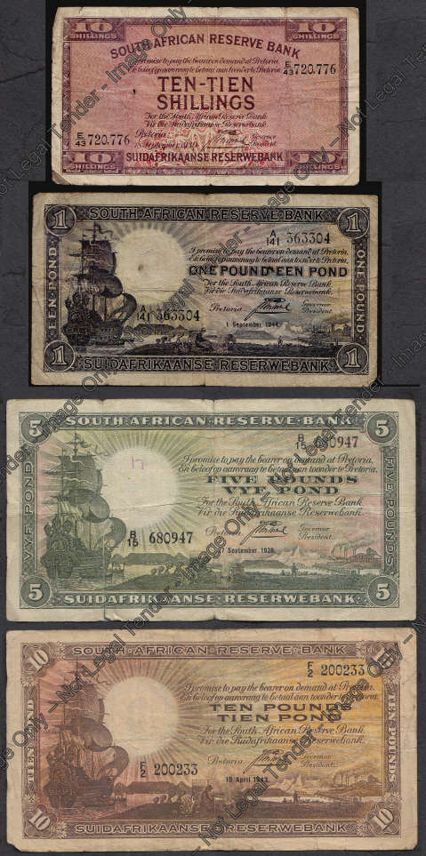 Union of South Africa: J. Postmus Type Set: Ten Shillings, One, Five and Ten Pound Notes