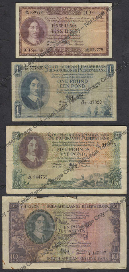 Union of South Africa: MH de Kock: Later issues: Ten Shillings, One, Five and Ten Pound Notes: 1950s