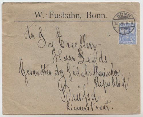 Anglo Boer War Period: 13 November 1901: Cover to Dr. W.J. Leyds (ZAR special envoy in Europe)