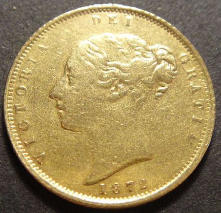 1872 GOLD Victorian Half Sovereign (Young Head & Shield back)
