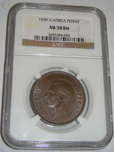 1939 One Penny (1d) : NGC  Graded AU58 BN