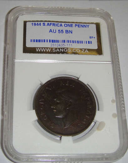 1944 One Penny (1d) : Sangs Graded AU55 BN