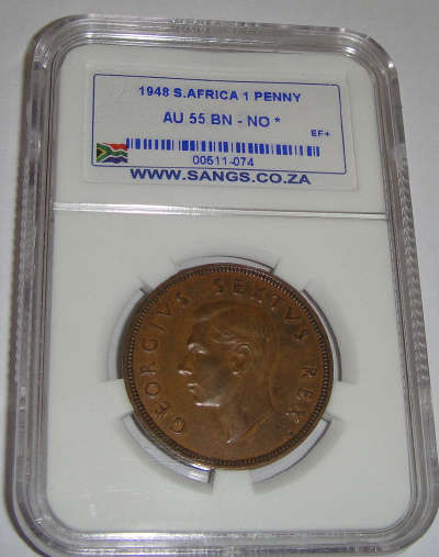 1948 One Penny (1d) : Sangs Graded AU55 BN (No Dot)