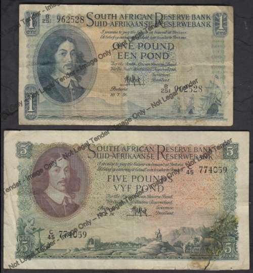 MH de Kock ONE & FIVE POUND NOTES both dated 1956 (VG condition)