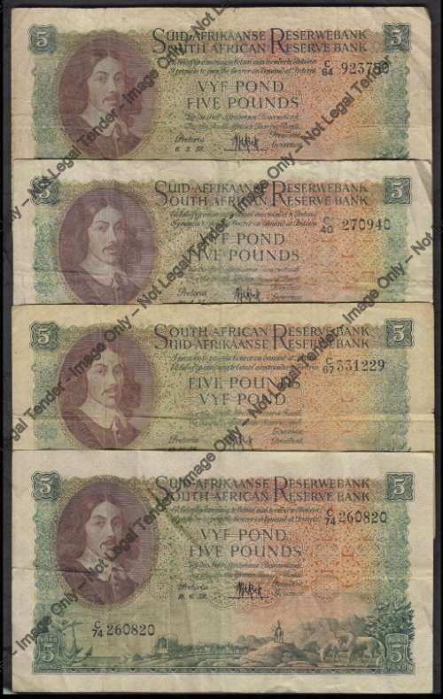 Four MH de Kock FIVE POUND NOTES from the 1950s (VG Condition)