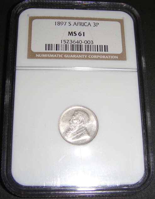 1897 Tickey (3d) Paul Kruger ZAR : NGC graded MS61 (MINT STATE)