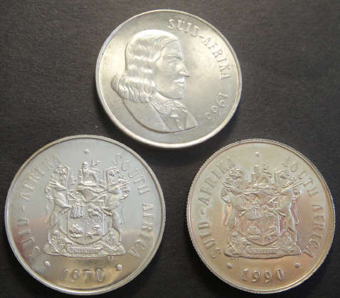 Three silver R1 coins of 1966, 1970 and 1990