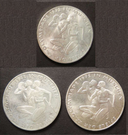 Germany: 1972 Munich Olympics : Three SILVER 10-Mark coins