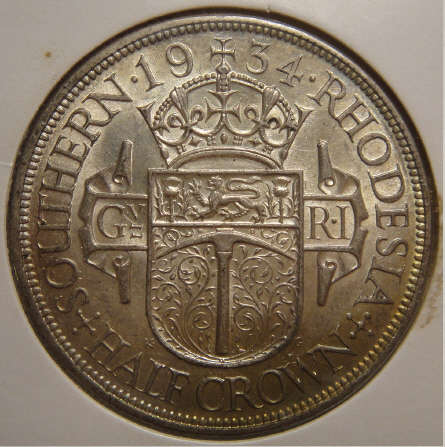 1934 Southern Rhodesia : Sterling Silver Half Crown of King George V (aUNC)