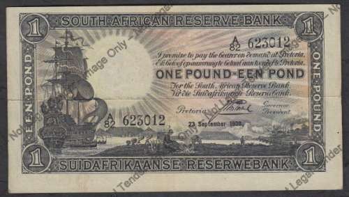 Union of South Africa: One Pound: J Postmus : 23 September 1938 (Very Fine)