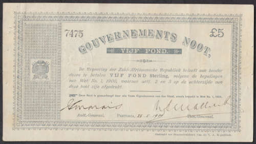 Anglo Boer War Emergency War Issue: FIVE POUNDS: Pretoria 28.5.1900 (almost Uncirculated)
