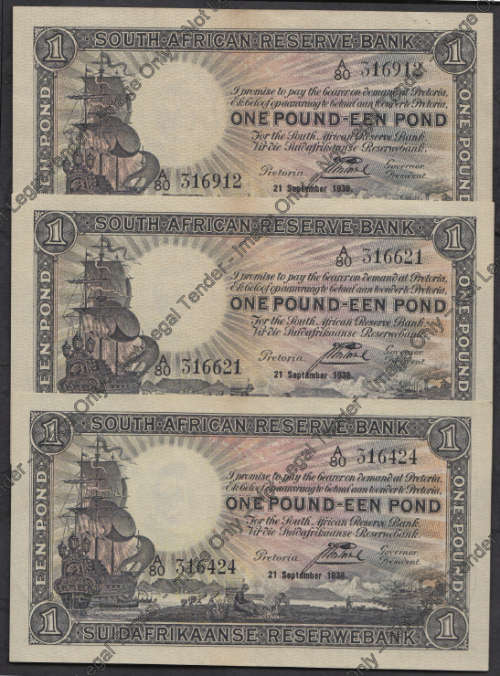 Union of South Africa: ONE POUND: J Postmus 21 September 1938 : A80 316912/21/24