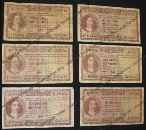 Six MH de Kock Ten-Shilling Notes from the 1950s (Union of South Africa)