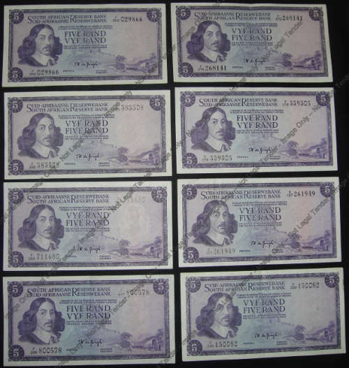 Collection of eight TW de Jongh R5 notes of 1967 and 1975 (high grades)