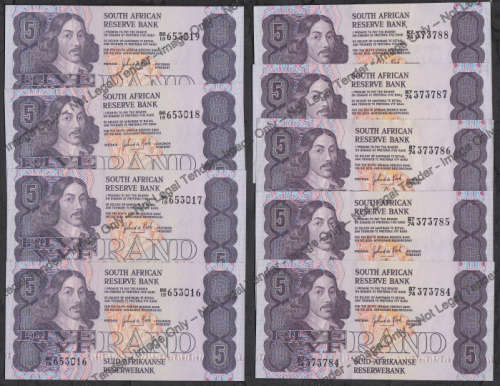Nine 1984 G. de Kock R5 notes with sequential serial numbers (2 groups)