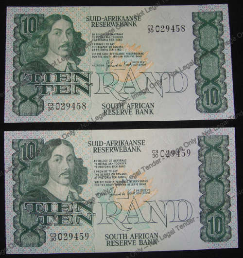 SCARCE 1981 Set of G de Kock R10 notes with sequential serial numbers
