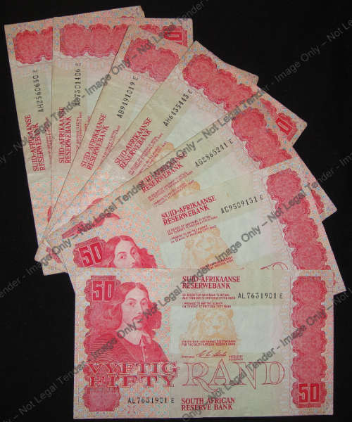 Seven C Stals R50 notes of 1990 in circulated condition.