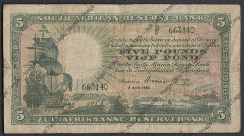 Union of South Africa: Five Pounds: WH Clegg 2 April 1928