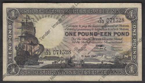 Union of South Africa: One Pound / Een Pond Banknote : 13 April 1943