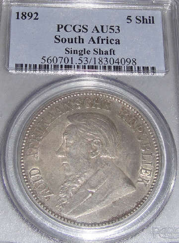 1892 Paul Kruger ZAR Crown (5/-) Single Shaft : PCGS graded AU53 (almost uncirculated)