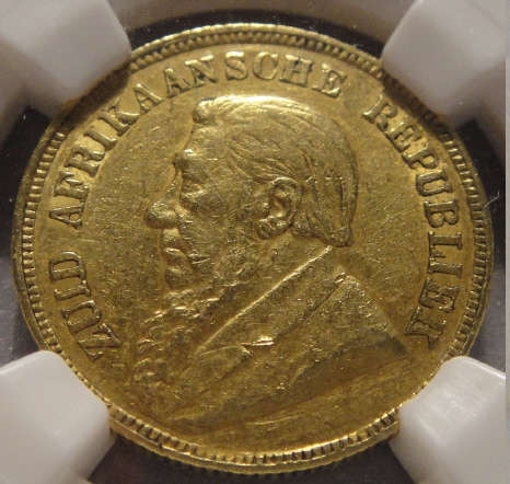 1893 Paul Kruger ZAR GOLD Pond : NGC graded AU50 (almost Uncirculated)