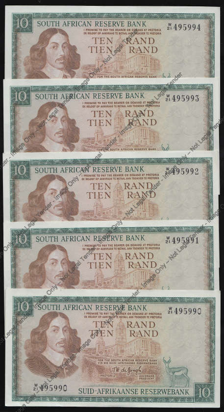 TW de Jongh: Five REPLACEMENT R10 notes of 1976 in serial number order