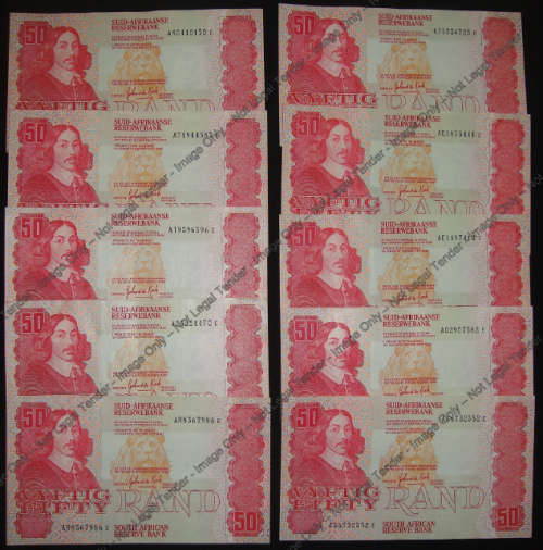 Ten G de Kock R50 notes of 1984 in Uncirculated condition.