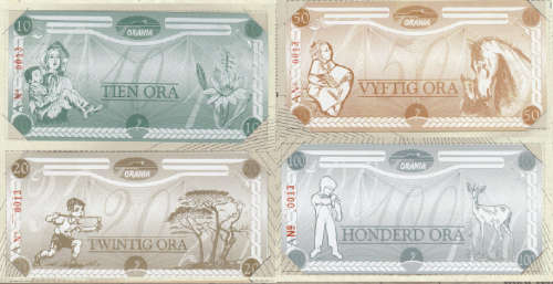 Complete Set of Orania Notes: Commemorative Issue number thirteen: 10, 20, 50 and 100 Ora Notes.